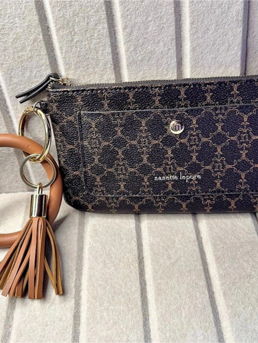 Nanette Lepore Monogram Bangle Wristlet Wallet with Tassel Brown & Black